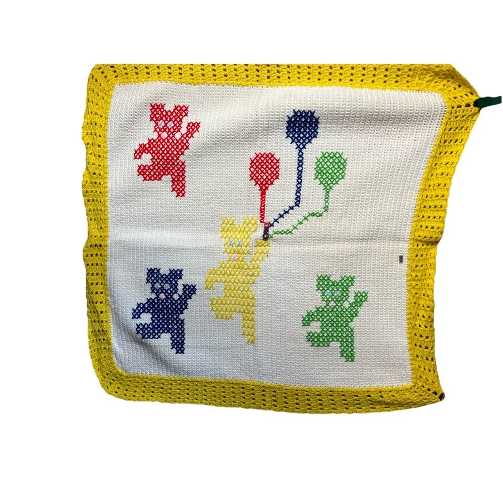 Vintage Rare Baby Crochet Blanket Quilt Cross Stitch Balloons 38 X 40 Grannycore